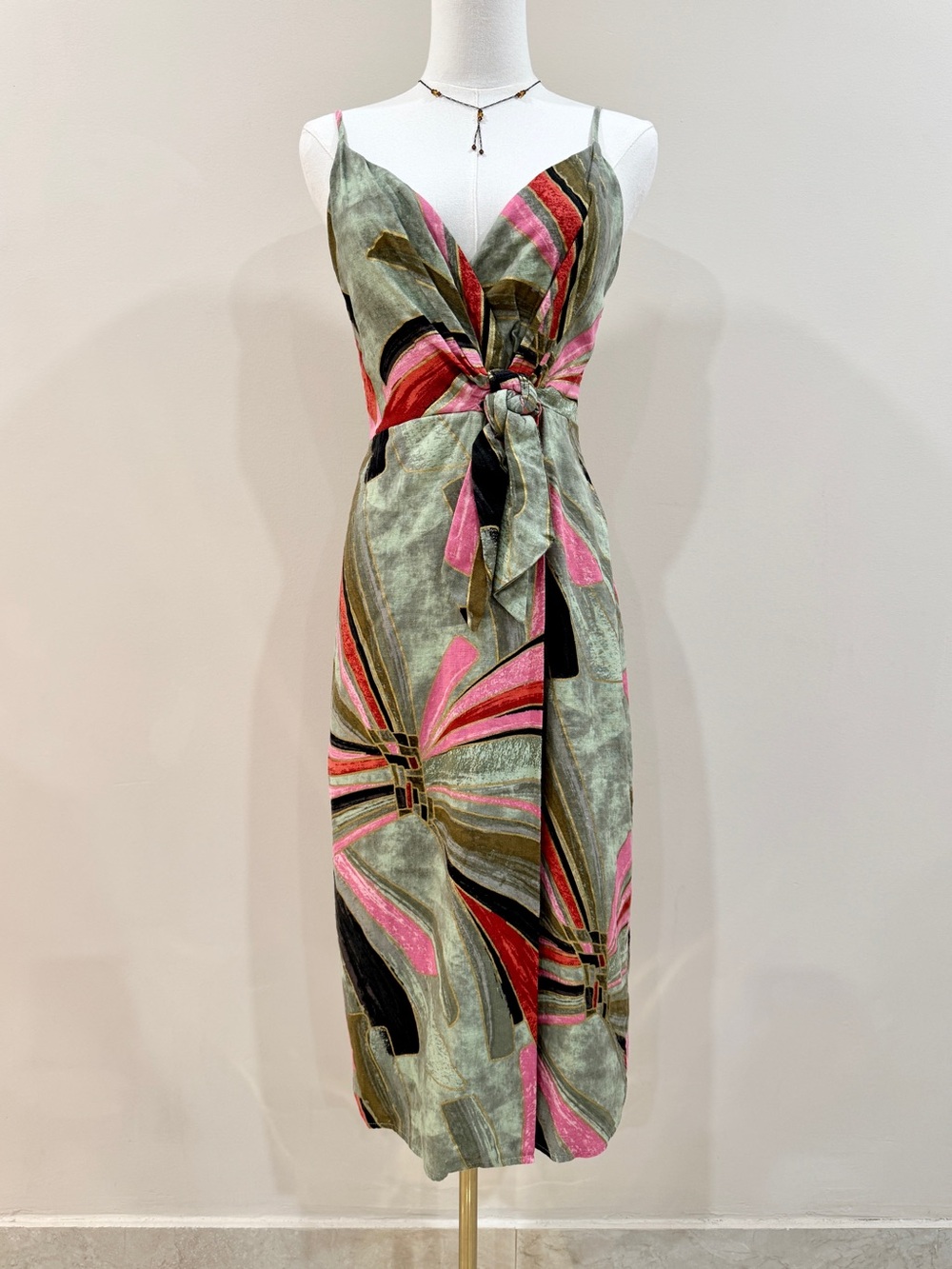 Jason Wu Linen Blend Abstract Floral Faux Wrap Midi Dress Pink Olive Size 2